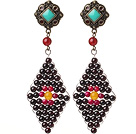 Wholesale Trendy Special Rhombus Shape Garnet Beads And Red Agate Wire Wrapped Earrings With Tibetan Accessory