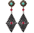 Wholesale Trendy Special Rhombus Shape Black Agate Beads Wire Wrapped Earrings With Tibetan Accessory