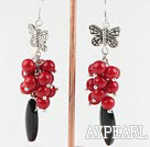 Wholesale Beautiful Cluster Style Round Red Coral And Eye Shape Black Agate Earrings With Butterfly Charm