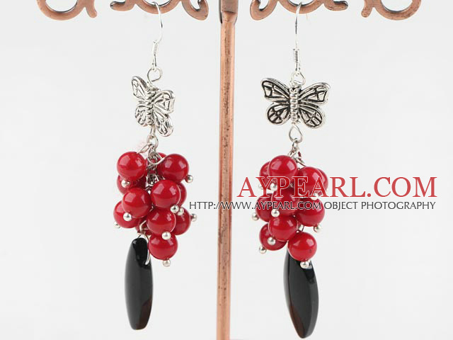 Beautiful Cluster Style Round Red Coral And Eye Shape Black Agate Earrings With Butterfly Charm
