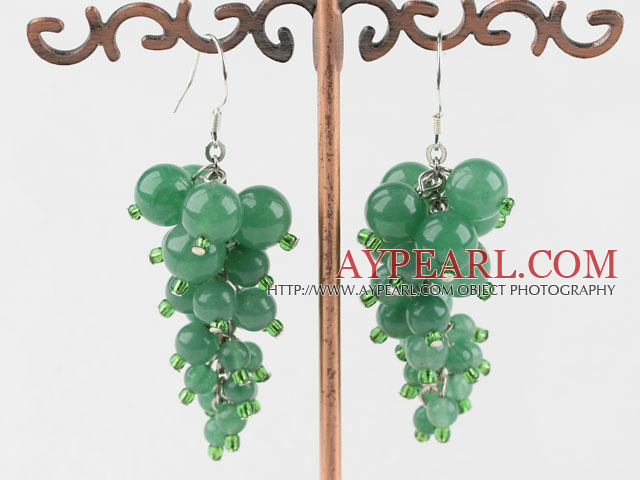 Wonderful Cluster Green Round Aventurine And Glass Beads Dangle Earrings With Fish Hook