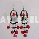Vintage Long Chain Loop Style Black Crystal And Red Cubic Coral Dangle Earrings