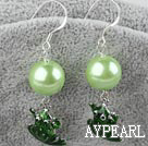 Fashion Round Acrylic Pearl And Green Frog Dangle Earrings With Fish Hook
