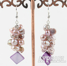 Fashion Natural Purple Freshwater Pearl And Rhombus Shell Cluster Earrings
