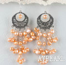 Long Style Vintage Orange Yellow Freshwater Pearl Dangle Earrings With Loop Engraved Metal Charm