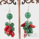 Fashion Cluster Style Round Aventurine And Red Coral Dangle Earrings With Fish Hook