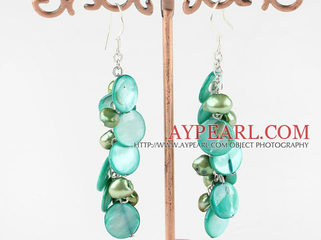 Fashion Green Series Freshwater Pearl And Disc Shell Dangle Earrings With Fish Hook