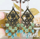 Vintage Style Blued Turquoise And Green Crystal Loop Dangle Earrings With Beautiful Copper Flower Charm