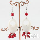 Popular Hollow White Shell And Cluster Round Red Coral Dangle Earrings With Fish Hook