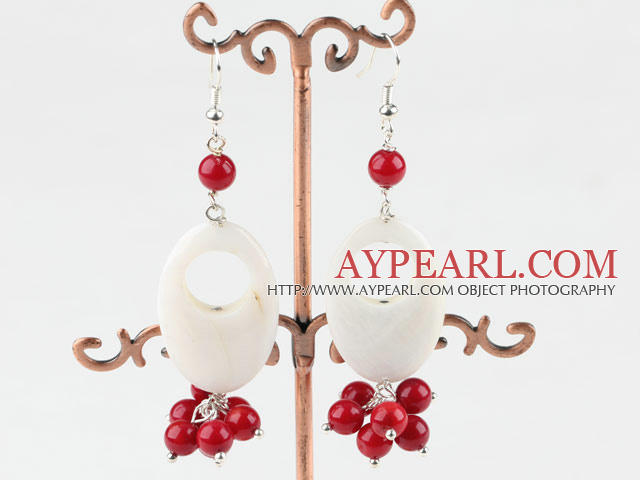 Popular Hollow White Shell And Cluster Round Red Coral Dangle Earrings With Fish Hook