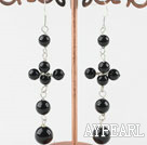 Wholesale Lovely Long Style Round Black Agate Loop Dangle Earrings With Fish Hook