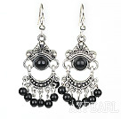 Vintage Round Black Agate And Loop Metal Charm Dangle Earrings With Fish Hook