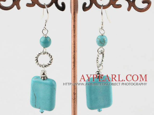 Elegant Round And Rectangle Shape Burst Pattern Blue Turquoise Loop Charm Dangle Earrings