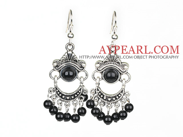Vintage Round Black Agate And Loop Metal Charm Dangle Earrings With Fish Hook