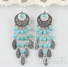 Popular 6Mm Burst Pattern Blue Round Turquoise And Leaf Charm Loop Earrings