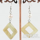 Nice White Freshwater Pearl And Three Color Jade Dangle Earrings With Fish Hook