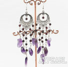 Wholesale Fashion Long Style Round Garnet And Chipped Amethyst Dangle Earrings With Loop Metal Charm