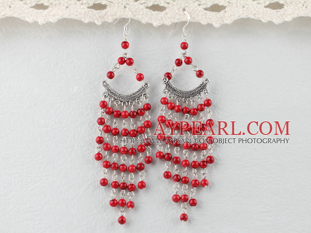 Nice 4Mm Long Chain Loop Style Round Red Bloodstone Chandelier Earrings