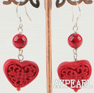 Lovely Heart Shape Carved Cinnaba And Round Bloodstone Dangle Earrings