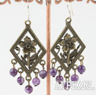 Vintage Round Amethyst Bronze Flower Charm Dangle Earrings With Fish Hook