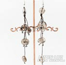Long 8Mm Threaded Flat Round Smoky Quartz Dangle Earrings With Fish Hook