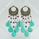 Nice Vintage Style Garnet And Blue Teardrop Turquoise Dangle Earrings With Bronze Loop Charm