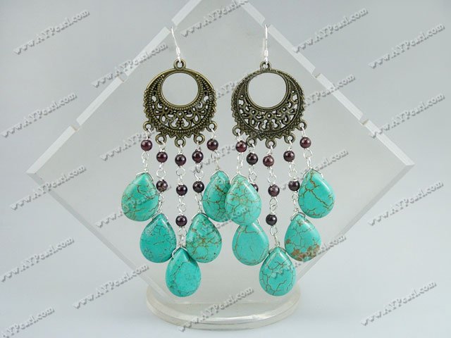 Nice Vintage Style Garnet And Blue Teardrop Turquoise Dangle Earrings With Bronze Loop Charm
