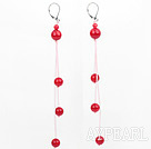 Lovely Long Threaded Round Red Coral Ball Dangle Earrigns With Lever Back Hook