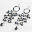 Elegant Long Style Beaded Loop And Black Freshwater Pearl Link Dangle Earrings 