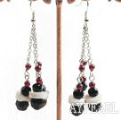 Wholesale Nice Long Chain Loop Style Round Garnet And Black Faceted Crystal Ball White Disc Shell Dangle Earrings