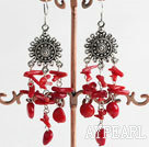 Vintage Long Style Red Coral Dangle Earrings With Fish Hook