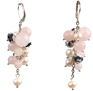 Wholesale Beautiful Fashion Cluster Shape Pearl Crystal And Rose Quartz Dangle Earrings