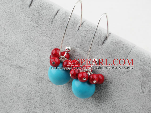Fashion Round Blue Turquoise And Red Bloodstone Dangle Earrings With Hoop Earwires