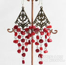 Fashion Vintage Red Coral Link Dangle Earrings Bronze Charm With Fish Hook