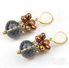 Fashion Brown Freshwater Pearl And Crystal Ball Dangle Earrings With Lever Back Hook