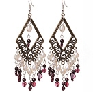 Vintage White Freshwater Pearl And Garnet Loops Dangle Earrings With Bronze Charm