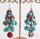 Popular Long Cluster Style Round Bloodstone And Blue Turquose Link Dangle Earrings