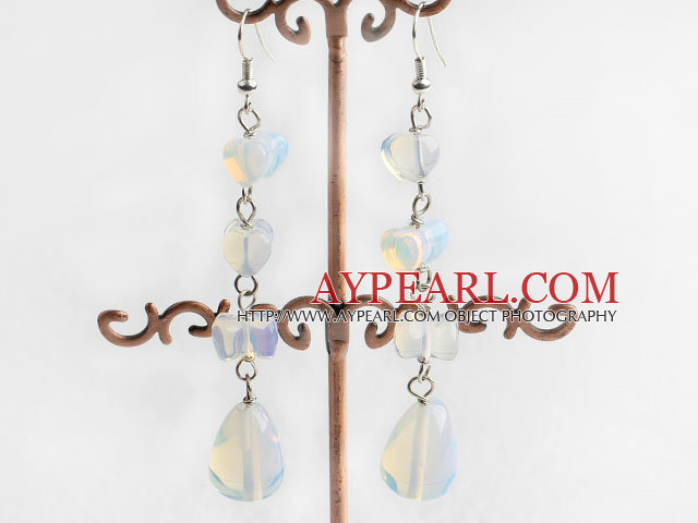 Lovely Long Style Heart And Teardrop Shape Opal Dangle Earrings With Fish Hook