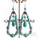 Grand Large Diameter Loops Round And Teardrop Pendant Blue Turquoise Earrings With Metal Cap Charm