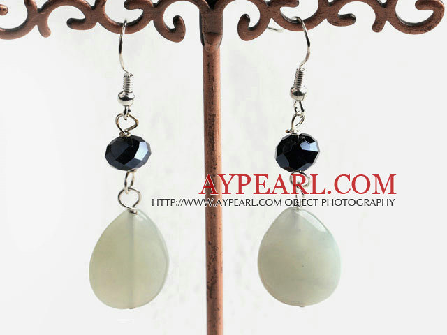 Fashion Teardrop Serpentine Jade And Black Crystal Dangle Earrings With Fish Hook