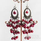 Popular Long Chain Loop Style Red Freshwater Pearl Cluster Dangle Earrings With Loop Charm