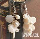 Lovely Cluster Style White Freshwater Pearl And Disc Shell Dangle Earrings With Fish Hook