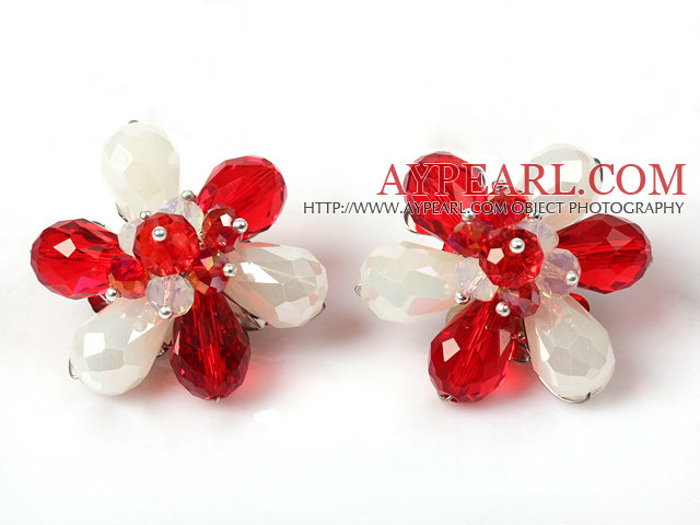 Fashion Style Red and White Crystal Flower Clip Earrings