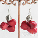Fashion Cluster Style Drop Shape Red Coral And Metal Charm Dangle Earrings With Fish Hook
