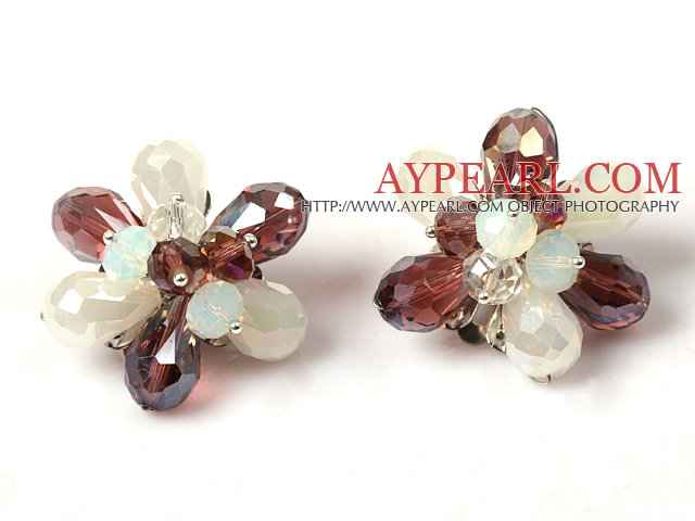 Fashion Style Purple and White Crystal Flower Clip Earrings
