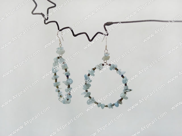 Large Diameter Aquamarine Chips Beaded Loop Dangle Earrings With Fish Hook