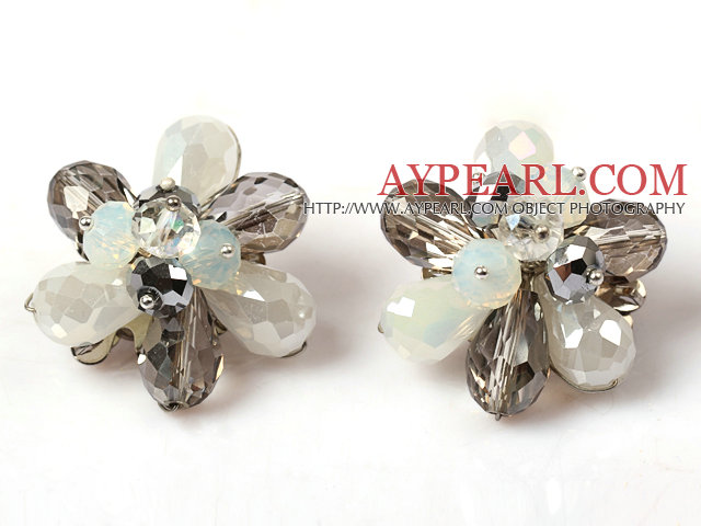 Fashion Style Gray and White Crystal Flower Clip Earrings