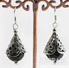 Lovely Round Faceted Bule Sandstone And Horn Metal Charm Drop Earrings With Fish Hook