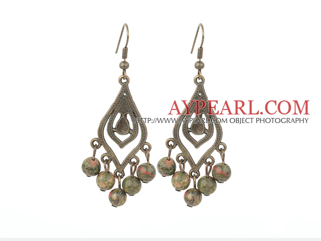 Fashion 6Mm Green Piebald Jade Dangle Earrings With Vintage Loop Bronze Charm