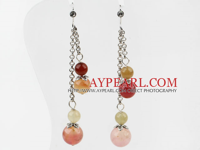 Dangle Style Round Three Color Jade Long Earrings with Metal Chain